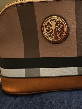 Brown Striped Dome Crossbody Bag with Gold Emblem NEW
